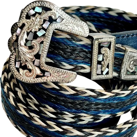 Horse Hair Western Belt Black Blue Mother Of Pearl Silver Plated Buckle Cowgirl - Picture 2 of 7